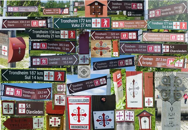 De S:t Olavsleden is uitstekend gemarkeerd met bordjes waarop steeds het herkenbare rode kruis van het Olavsleden-logo staat. Hoewel de bordjes in vorm en grootte verschillen, wijst het symbool altijd de weg. Zelfs enkele schelpen zijn zichtbaar. Zo kom je zonder twijfel op de juiste plek in Trondheim aan.